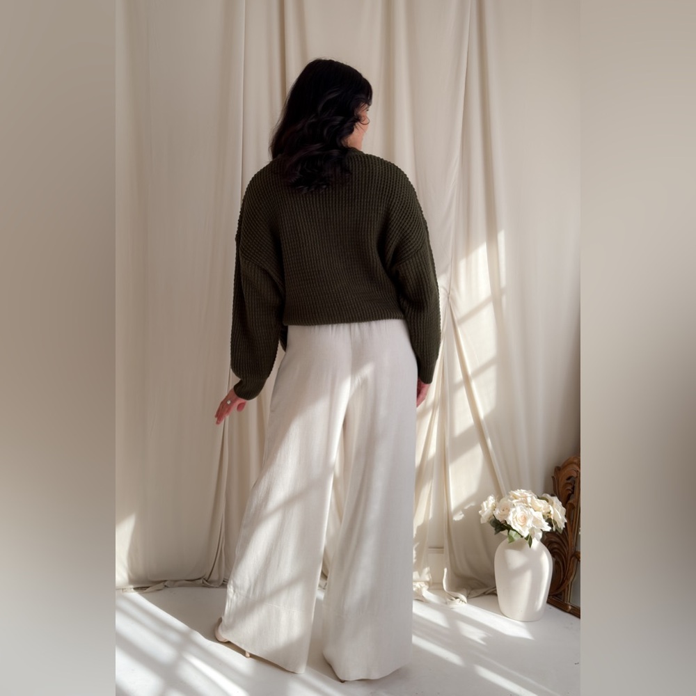 Ivory Linen Blend Wide Leg Drawstring Pants - Picture 12 of 16